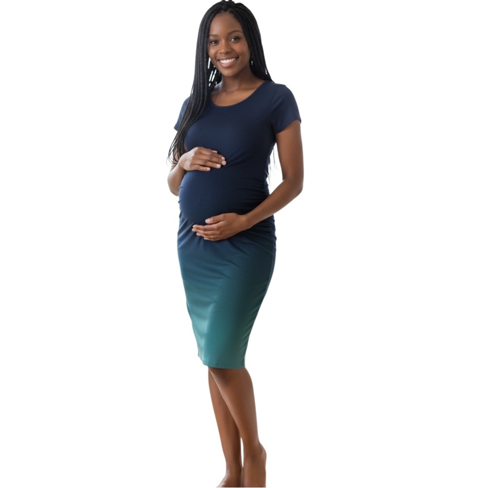KIMI+KAI Maternity “Sia" Ombre Ruched Midi Dress, Blue & Teal, Size‎ Medium